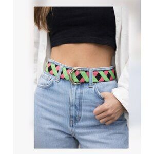 Talbots Large Belt Adjustable D Ring Fabric Grossgrain Ribbon Pink Green Preppy